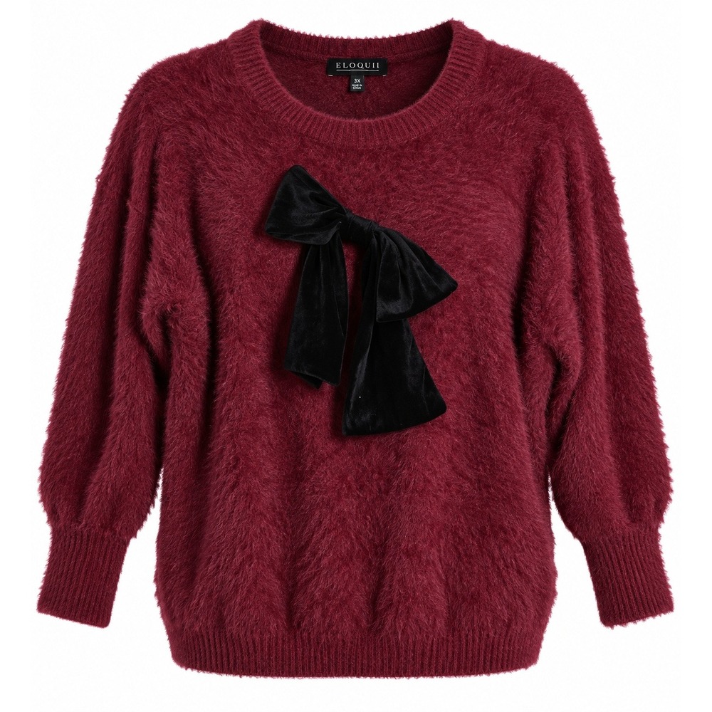 Eloquii Burgundy Fuzzy Eyelash Knit Sweater with Black Velvet Bow Size 22/24